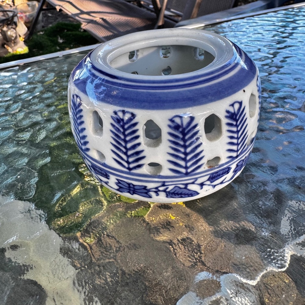 Blue & White Ceramic Candle Holder Lantern Silvestri Floral Fern Cutout